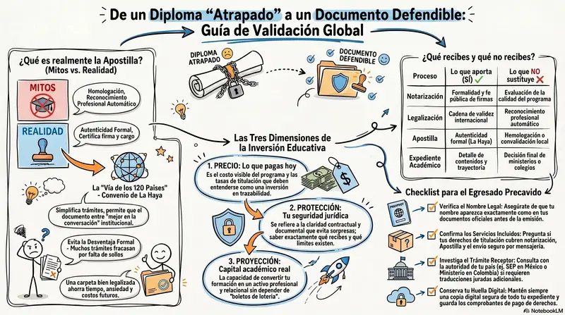 Infograma del artículo — Del diploma al documento defendible: notarización, legalización y Apo…